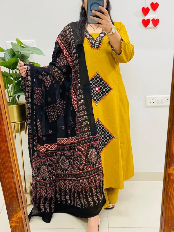 Yellow_Cotton_Straight_Printed_Kurta_Pant_Dupatta_Set_For_Women