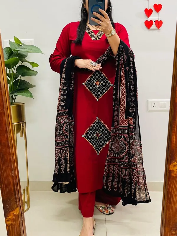 Red_Cotton_Straight_Kurta_Pant_Dupatta_Set_For_Women