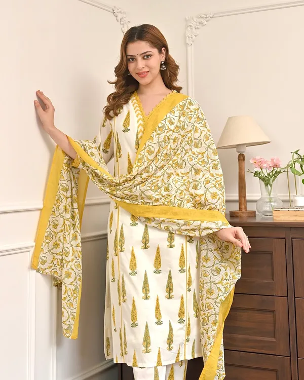 White_Yellow_Cotton_Straight_Printed_Kurta_Pant_Dupatta_Set_For_Women