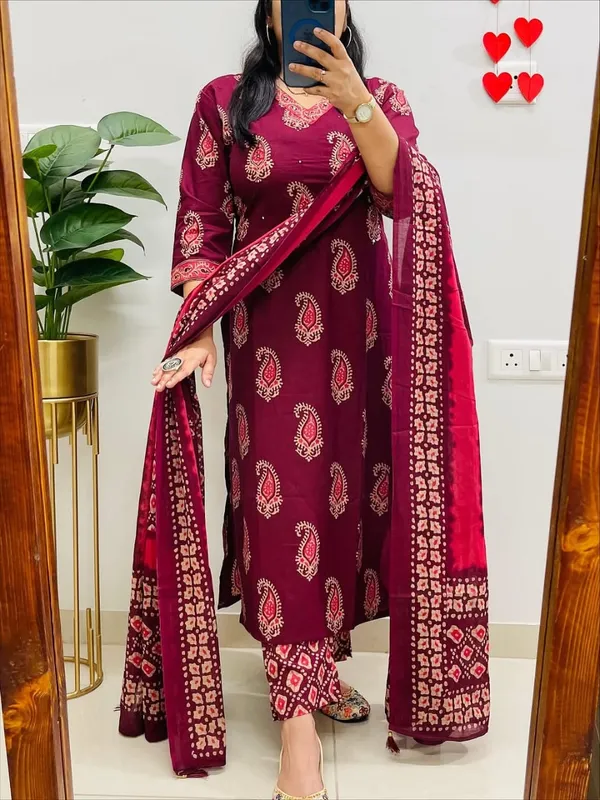 Maroon_Cotton_Printed_Straight_Kurti_Pant_Dupatta_Set_For_Women