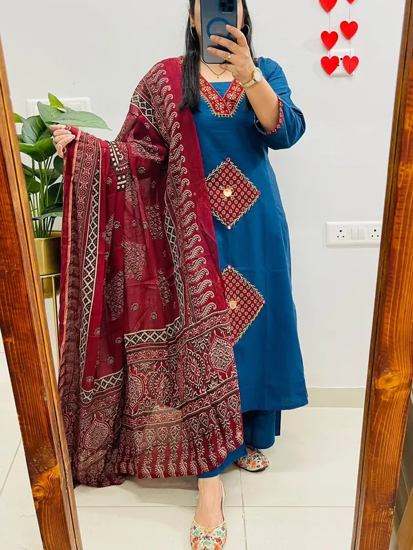 Blue_Cotton_Embroidered_Kurta_Pant_Dupatta_Set_For_Women