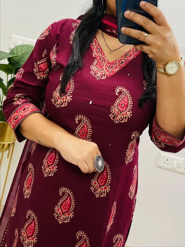 Maroon_Cotton_Printed_Straight_Kurti_Pant_Dupatta_Set_For_Women