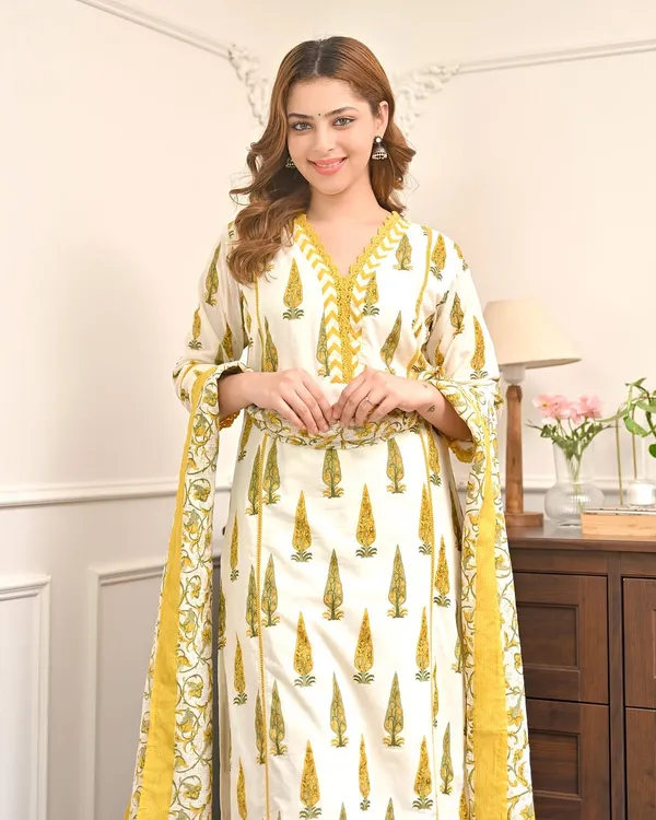 White_Yellow_Cotton_Straight_Printed_Kurta_Pant_Dupatta_Set_For_Women