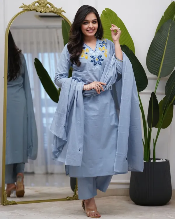 Blue_Cotton_Embroidered_Kurta_Pant_Dupatta_Set_For_Women