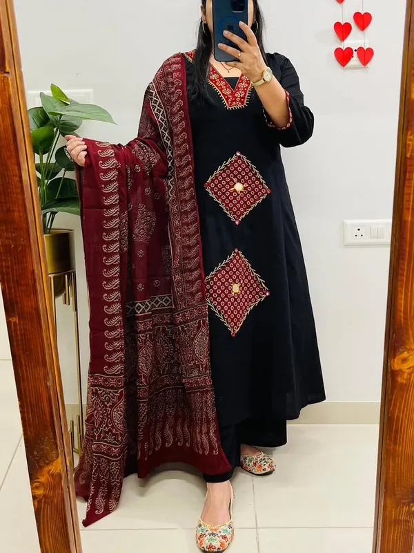 Black_Cotton_Straight_Printed_Kurta_Pant_Dupatta_Set_For_Women