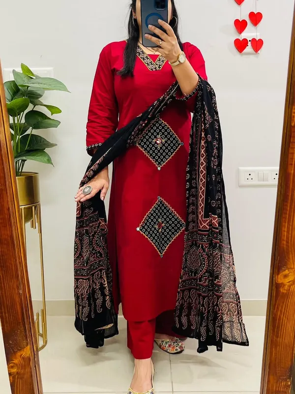 Red_Cotton_Straight_Kurta_Pant_Dupatta_Set_For_Women