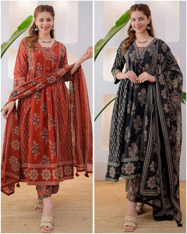 Black_Cotton_Printed_Anarkali_Kurti_Pant_Dupatta_Set_For_Women