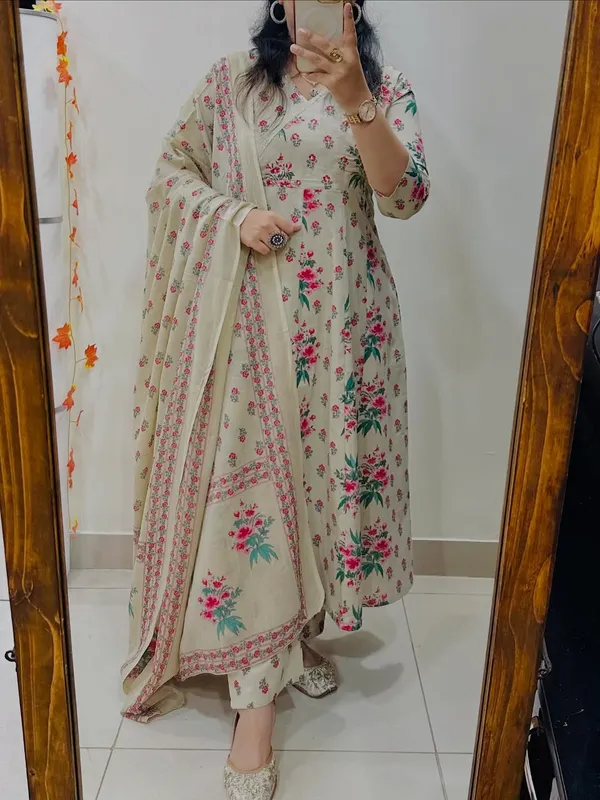 Off_White_Cotton_Floral_Printed_Kurta_Pant_Dupatta_Set_For_Women