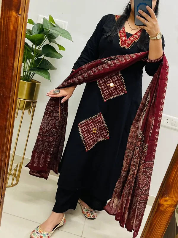 Black_Cotton_Straight_Printed_Kurta_Pant_Dupatta_Set_For_Women