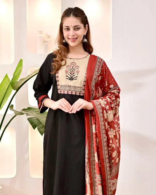 Black_Cotton_Straight_Kurta_Pant_Dupatta_Set_For_Women