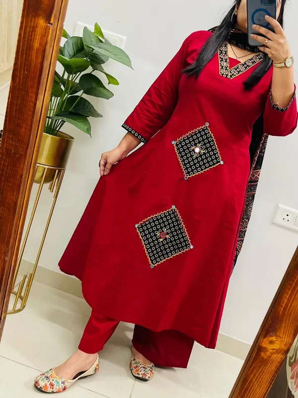 Red_Cotton_Straight_Kurta_Pant_Dupatta_Set_For_Women