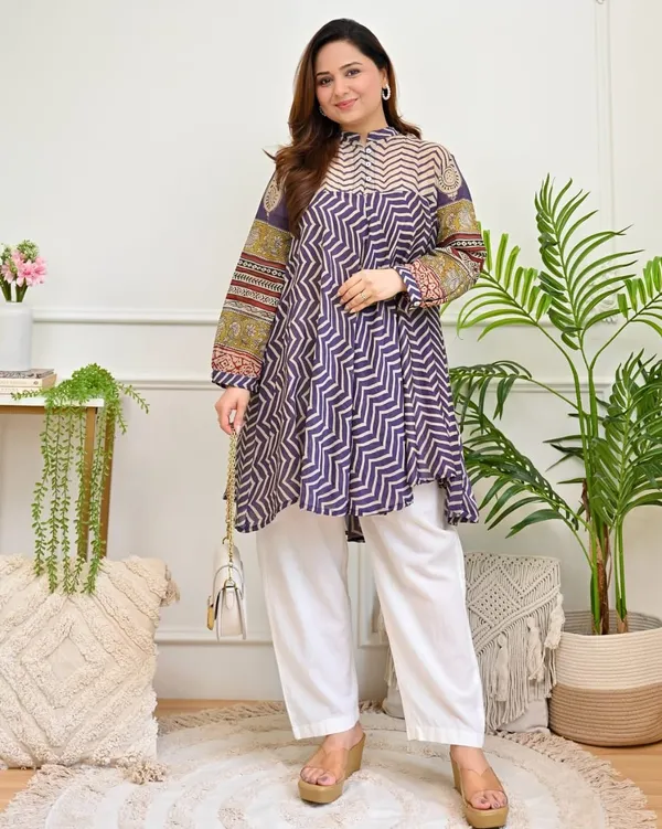 White_Purple_Cotton_Printed_Kurta_Pant_Set_For_Women