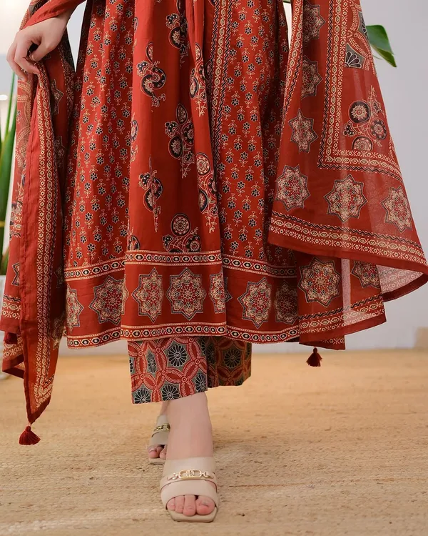 Orange_Cotton_Printed_Anarkali_Kurti_Pant_Dupatta_Set_For_Women