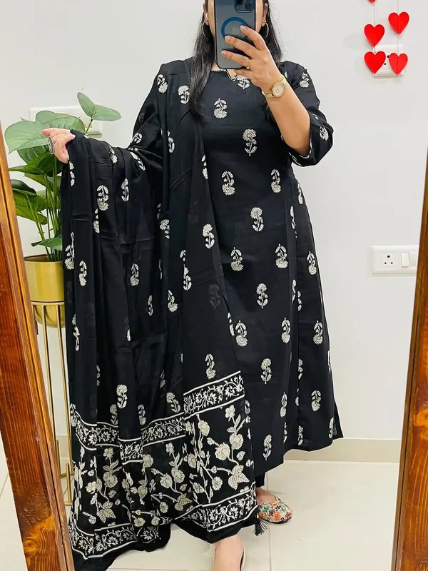 Black_Cotton_Printed_Kurta_Pant_Dupatta_Set_For_Women