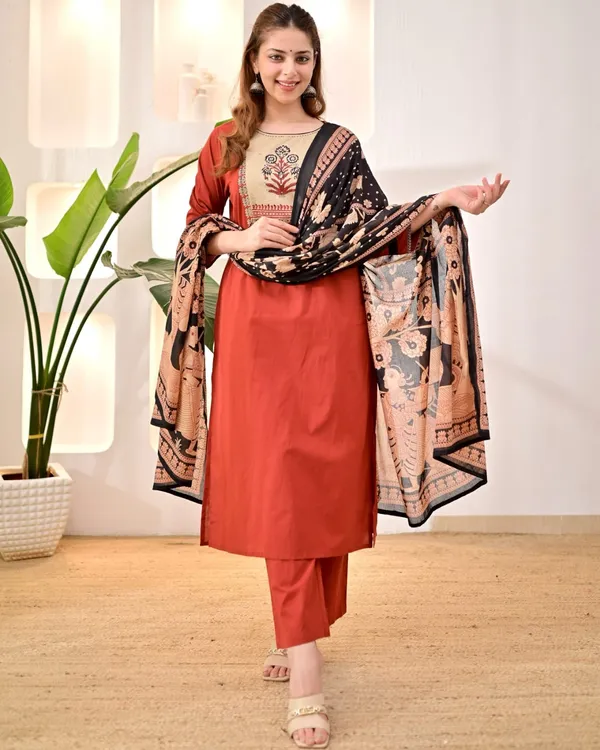 Orange_Cotton_Straight_Printed_Kurta_Pant_Dupatta_Set_For_Women