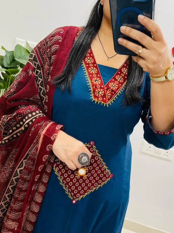 Blue_Cotton_Embroidered_Kurta_Pant_Dupatta_Set_For_Women