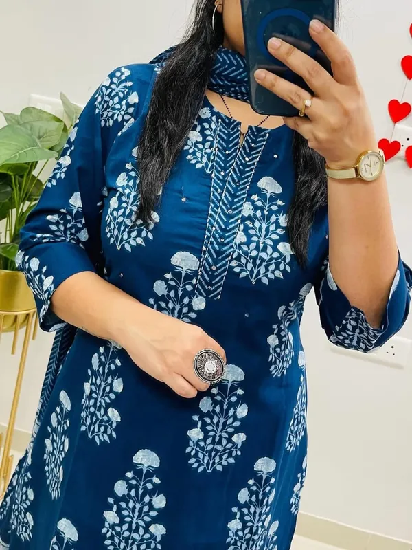 Blue_Cotton_Printed_Straight_Kurti_Pant_Dupatta_Set_For_Women