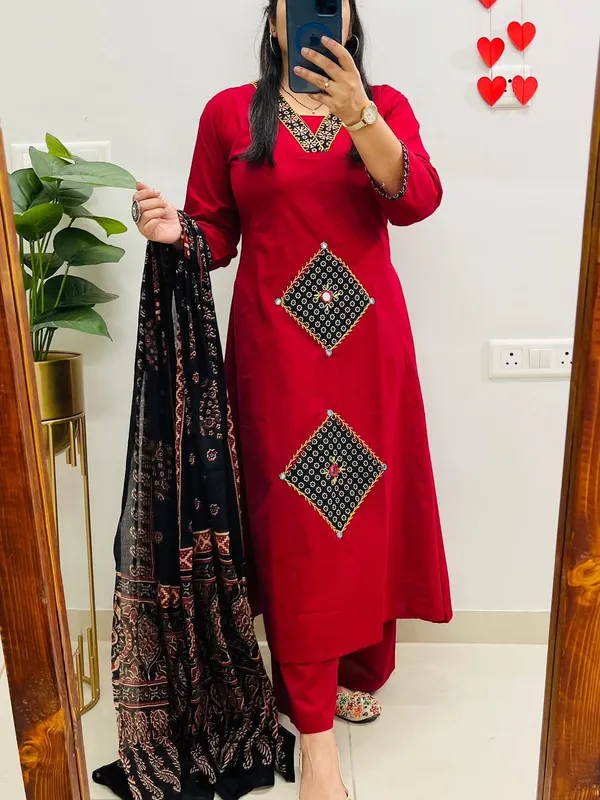 Red_Cotton_Straight_Kurta_Pant_Dupatta_Set_For_Women