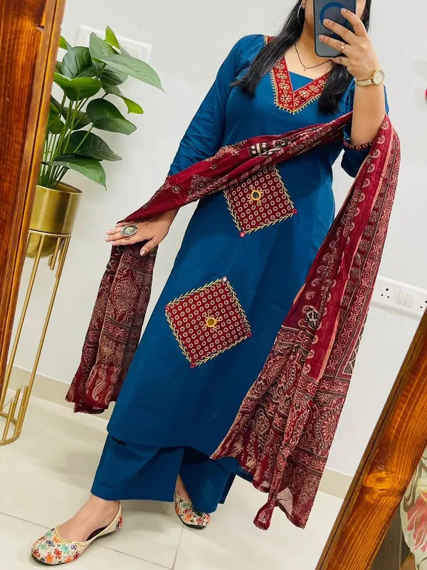 Blue_Cotton_Embroidered_Kurta_Pant_Dupatta_Set_For_Women
