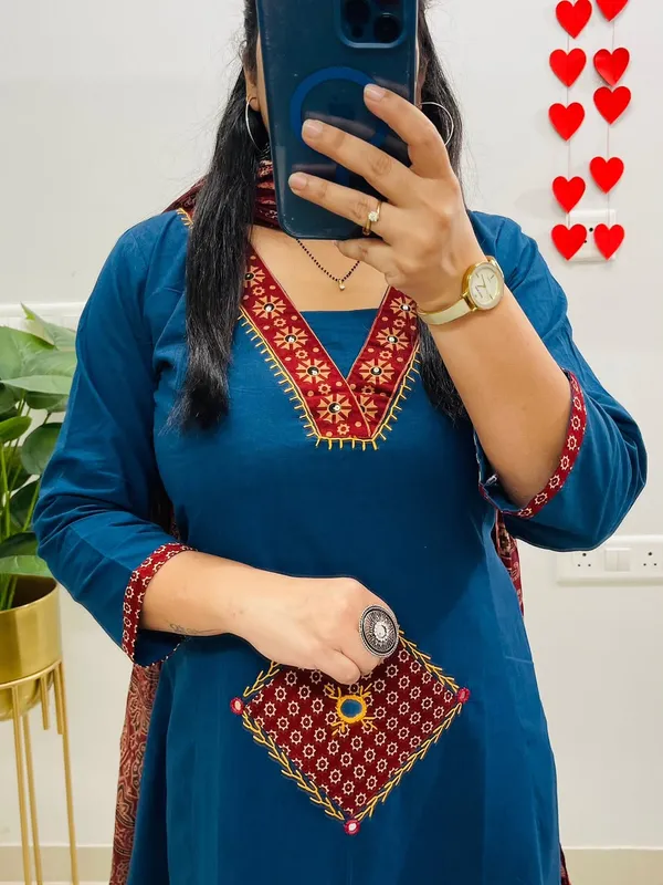 Blue_Cotton_Embroidered_Kurta_Pant_Dupatta_Set_For_Women