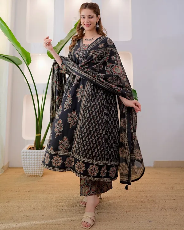 Black_Cotton_Printed_Anarkali_Kurti_Pant_Dupatta_Set_For_Women