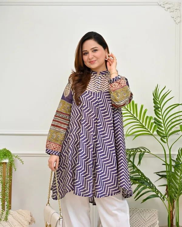 White_Purple_Cotton_Printed_Kurta_Pant_Set_For_Women