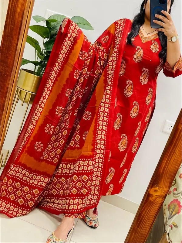 Red_Cotton_Printed_Straight_Kurti_Pant_Dupatta_Set_For_Women