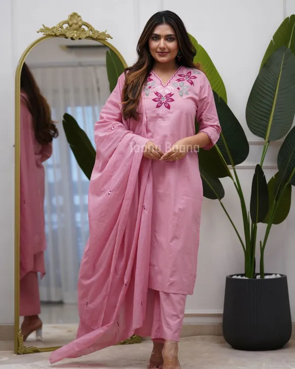 Pink_Cotton_Floral_Embroidered_Kurta_Pant_Dupatta_Set_For_Women
