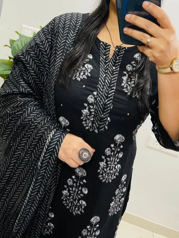 Black_Cotton_Printed_Straight_Kurti_Pant_Dupatta_Set_For_Women
