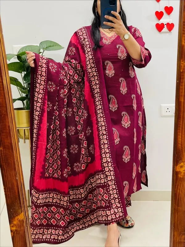 Maroon_Cotton_Printed_Straight_Kurti_Pant_Dupatta_Set_For_Women
