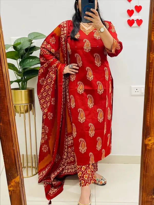 Red_Cotton_Printed_Straight_Kurti_Pant_Dupatta_Set_For_Women
