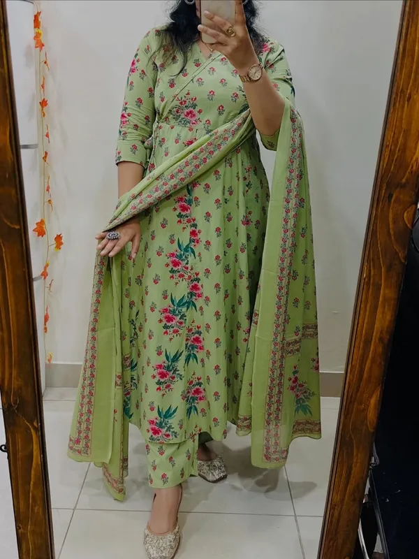 Green_Cotton_Floral_Printed_Kurta_Pant_Dupatta_Set_For_Women