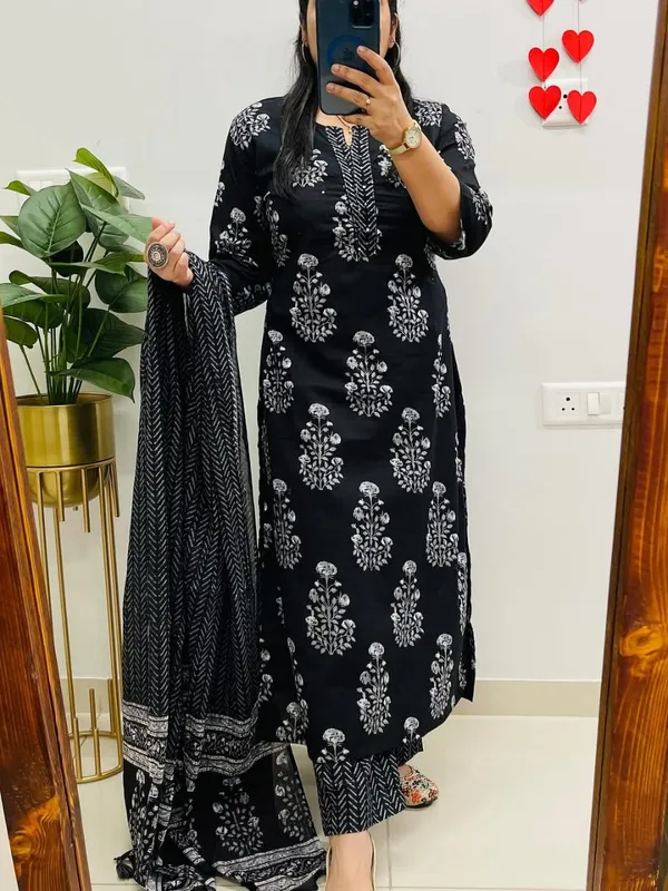 Black_Cotton_Printed_Straight_Kurti_Pant_Dupatta_Set_For_Women