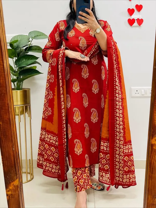Red_Cotton_Printed_Straight_Kurti_Pant_Dupatta_Set_For_Women