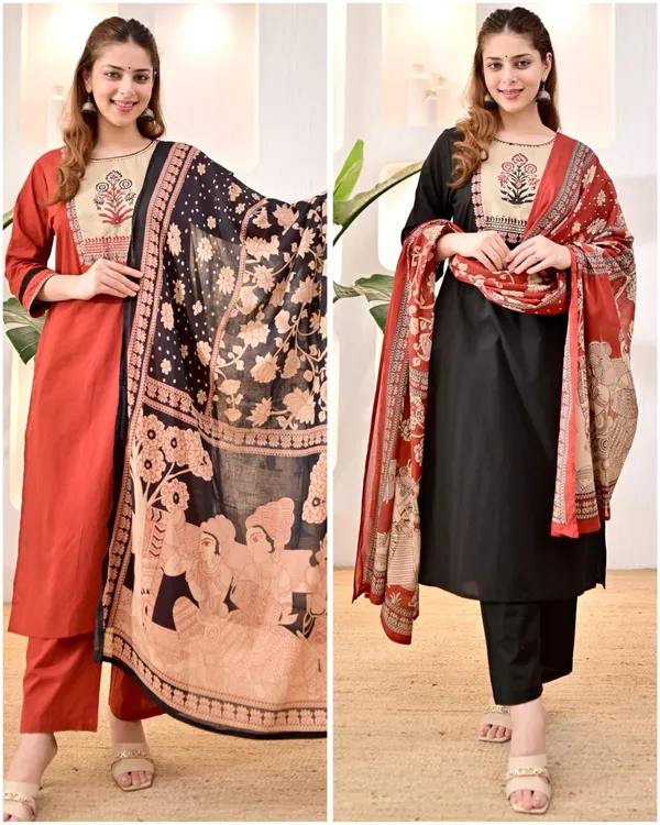 Orange_Cotton_Straight_Printed_Kurta_Pant_Dupatta_Set_For_Women