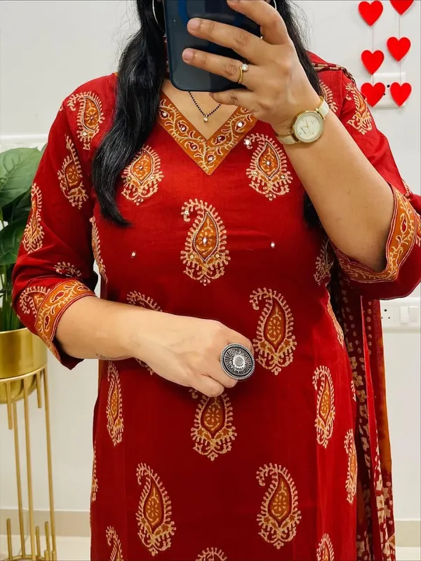 Red_Cotton_Printed_Straight_Kurti_Pant_Dupatta_Set_For_Women