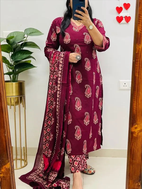 Maroon_Cotton_Printed_Straight_Kurti_Pant_Dupatta_Set_For_Women