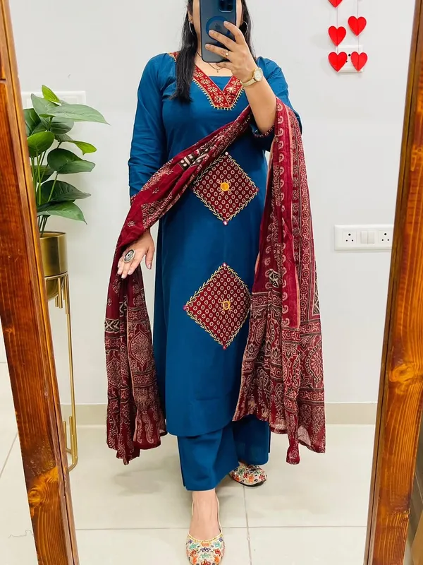Blue_Cotton_Embroidered_Kurta_Pant_Dupatta_Set_For_Women