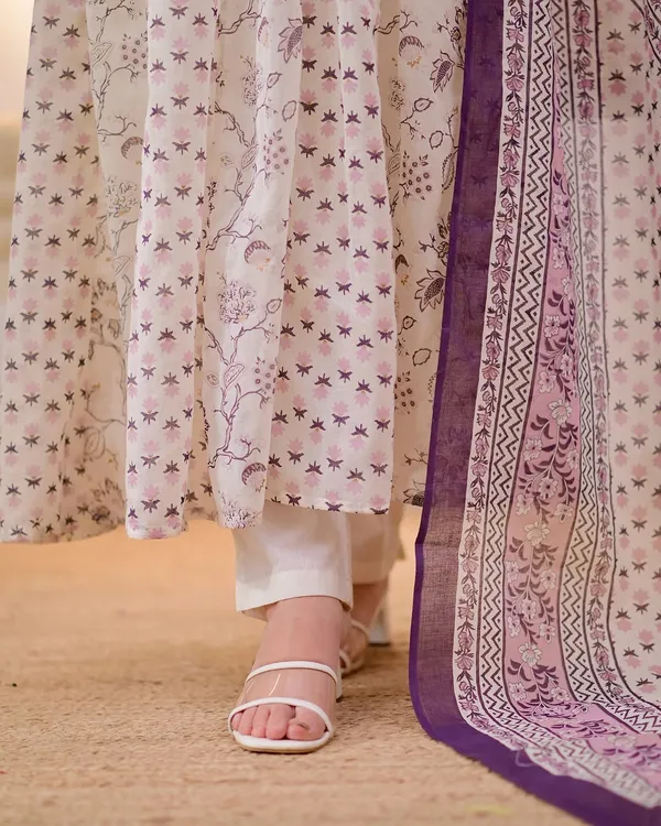 Cream_Cotton_Printed_Kurta_Pant_Dupatta_Set_For_Women