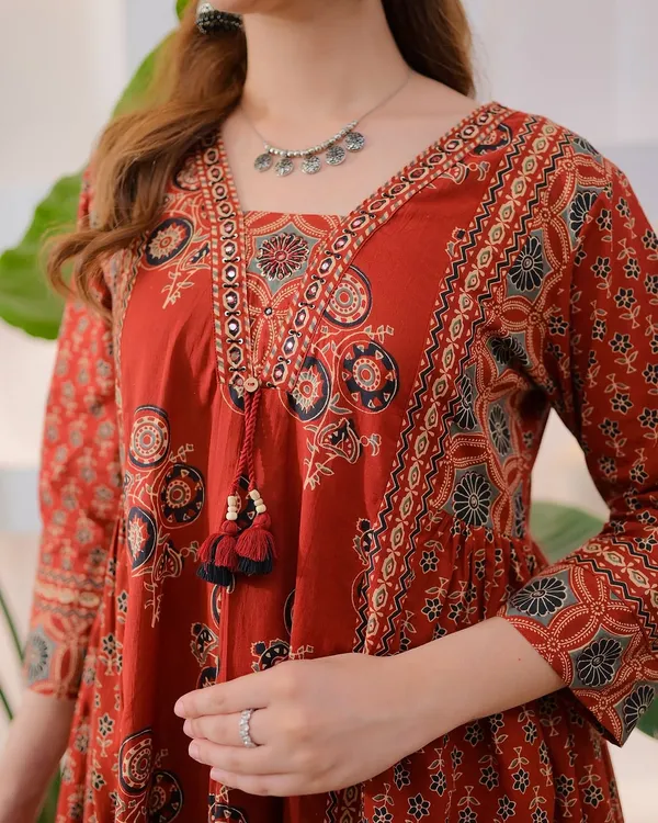 Orange_Cotton_Printed_Anarkali_Kurti_Pant_Dupatta_Set_For_Women