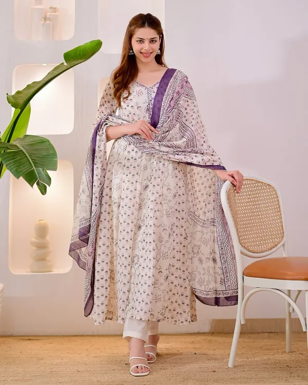 Cream_Cotton_Printed_Kurta_Pant_Dupatta_Set_For_Women