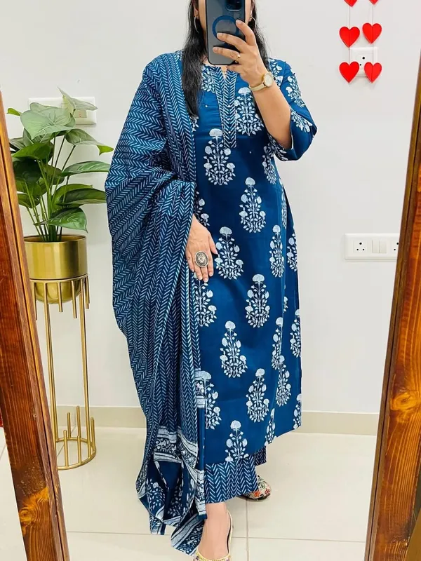 Blue_Cotton_Printed_Straight_Kurti_Pant_Dupatta_Set_For_Women