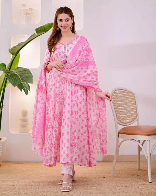 Pink_Cotton_Floral_Printed_Kurta_Pant_Dupatta_Set_For_Women