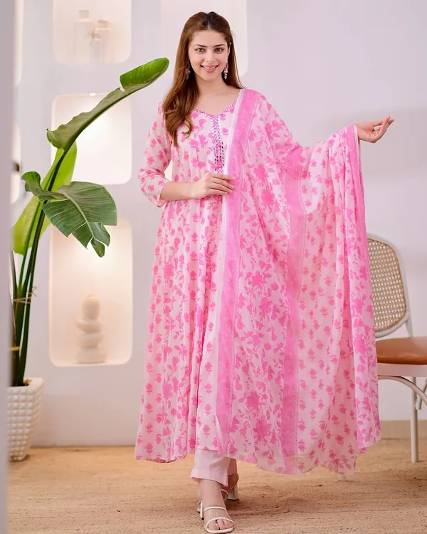 Pink_Cotton_Floral_Printed_Kurta_Pant_Dupatta_Set_For_Women