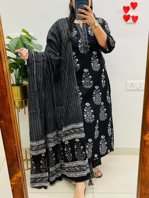 Black_Cotton_Printed_Straight_Kurti_Pant_Dupatta_Set_For_Women