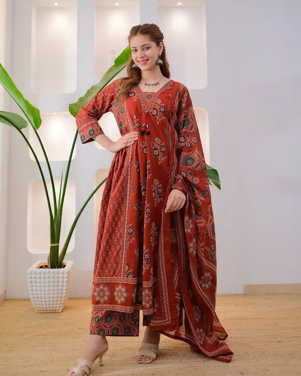 Orange_Cotton_Printed_Anarkali_Kurti_Pant_Dupatta_Set_For_Women