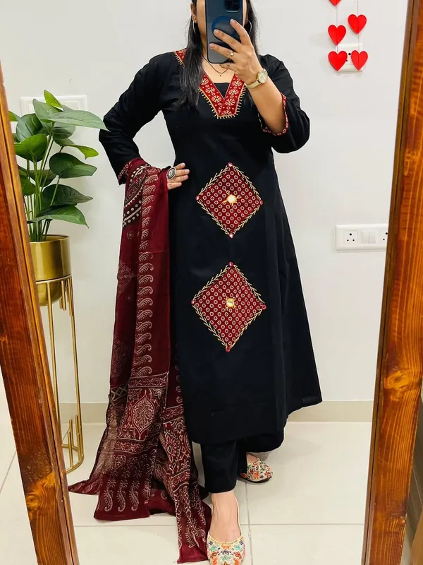 Black_Cotton_Straight_Printed_Kurta_Pant_Dupatta_Set_For_Women