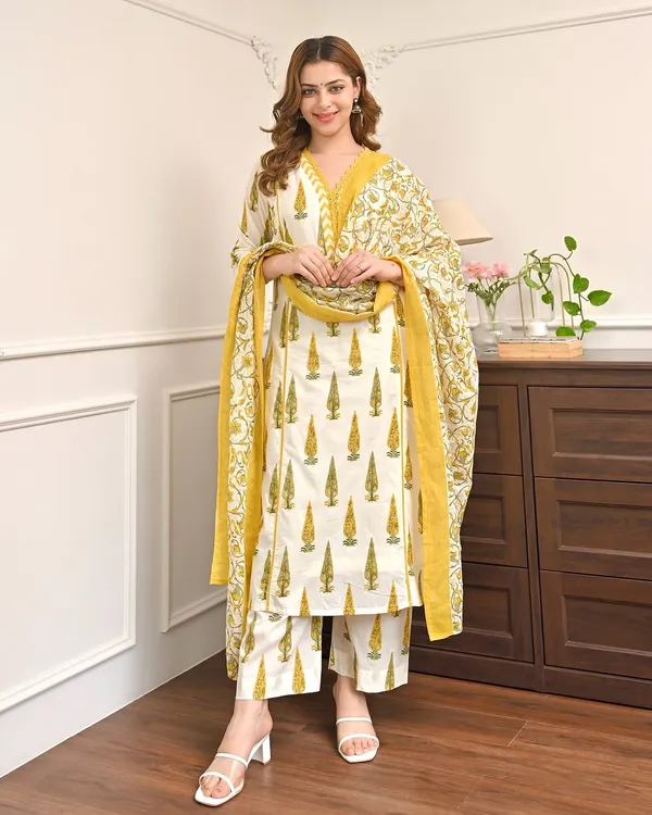 White_Yellow_Cotton_Straight_Printed_Kurta_Pant_Dupatta_Set_For_Women