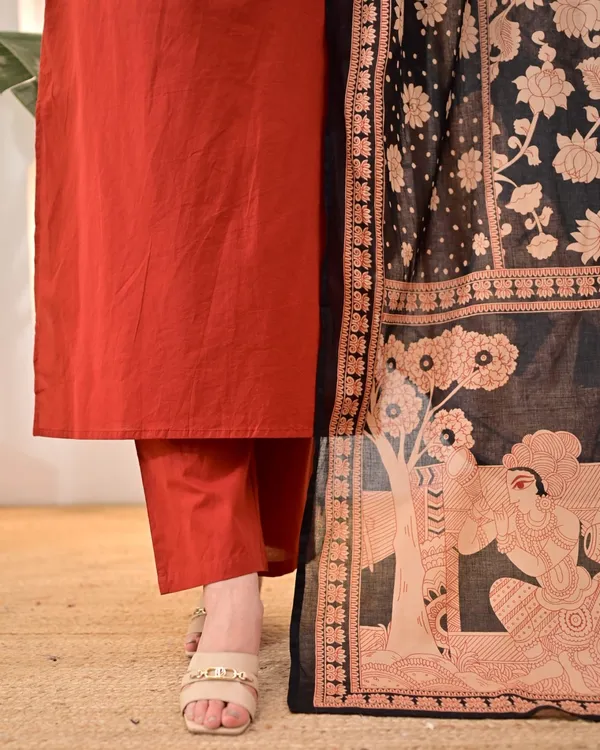 Orange_Cotton_Straight_Printed_Kurta_Pant_Dupatta_Set_For_Women
