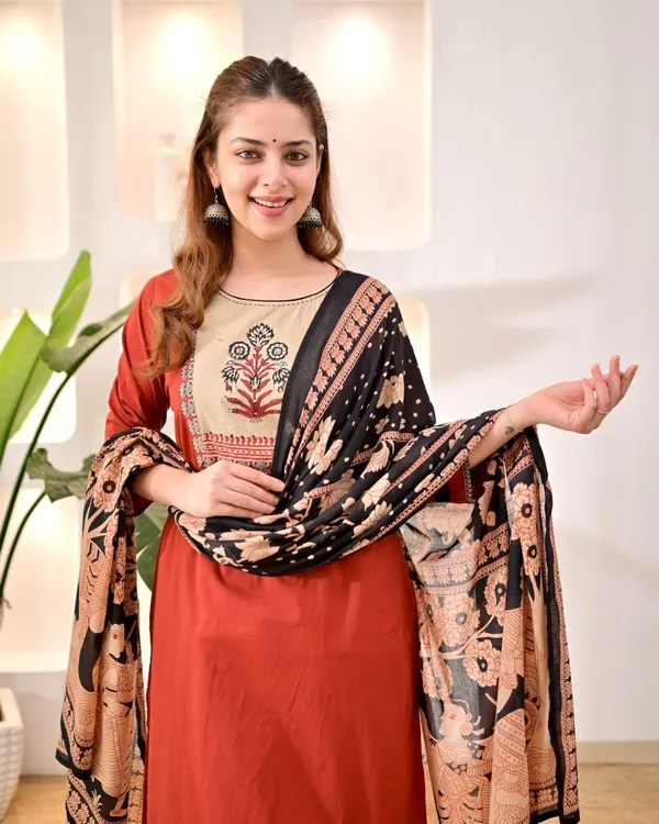 Orange_Cotton_Straight_Printed_Kurta_Pant_Dupatta_Set_For_Women